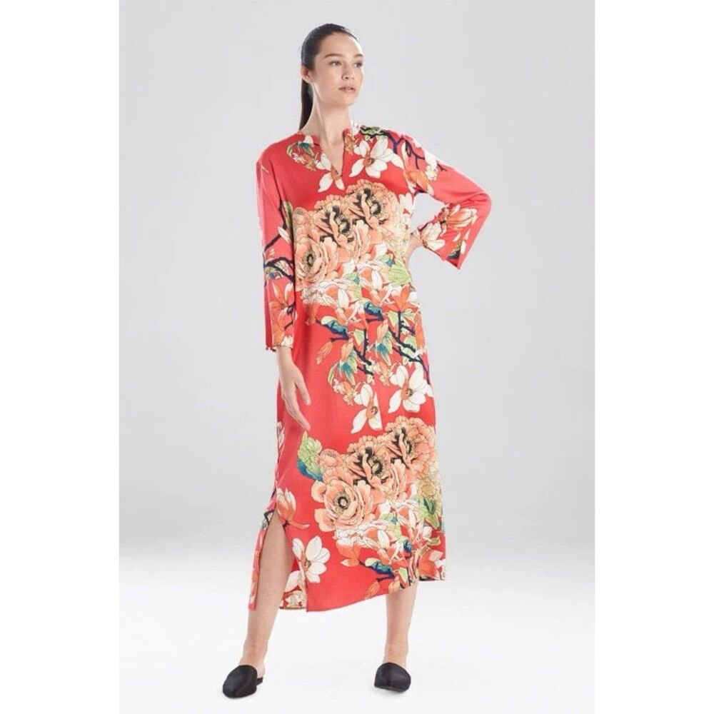 Natori Enchanted Lotus Satin Zip Caftan Women Plus 2X Boho Resort Art To Wear - Picture 1 of 16